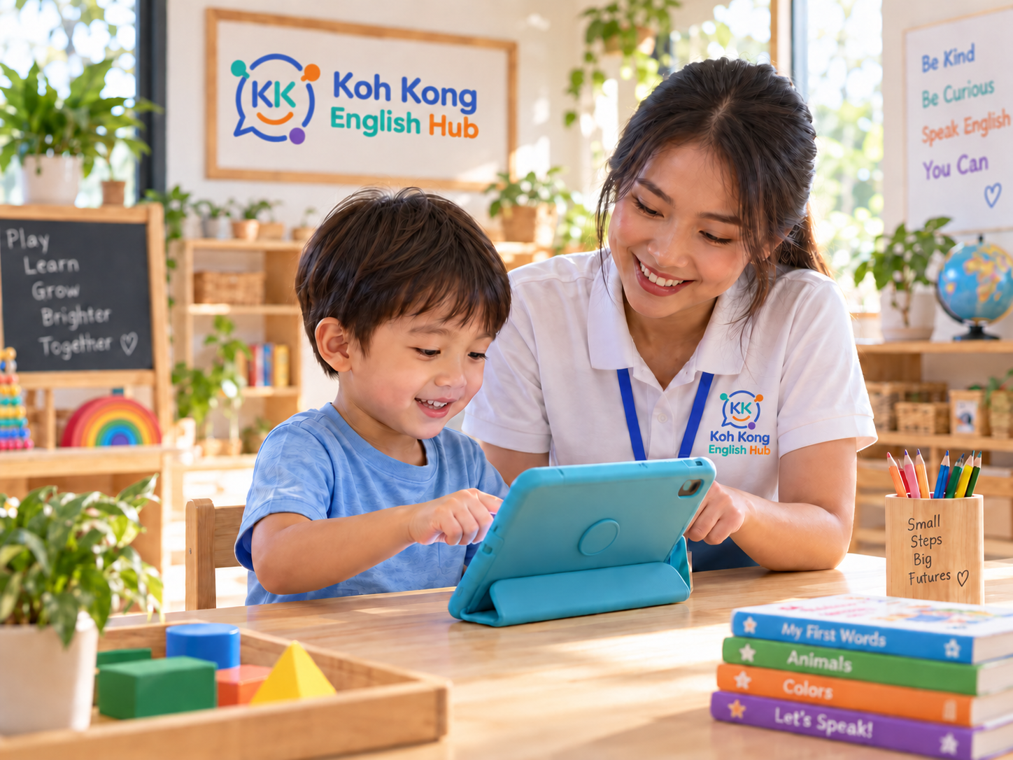 Facilitator guiding children in an age-appropriate AI-assisted English activity using a tablet