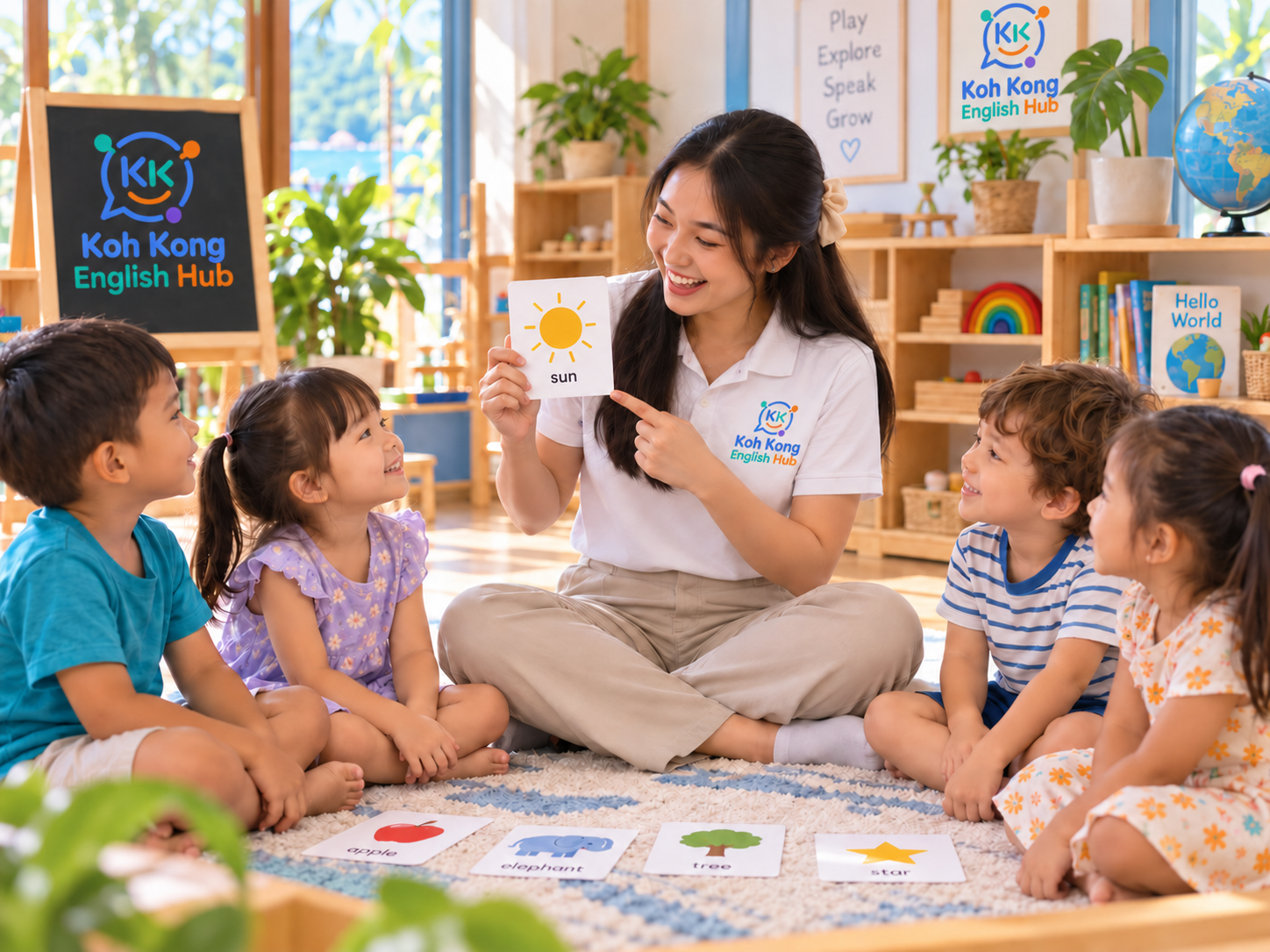 Facilitator leading an English circle-time activity with picture cards