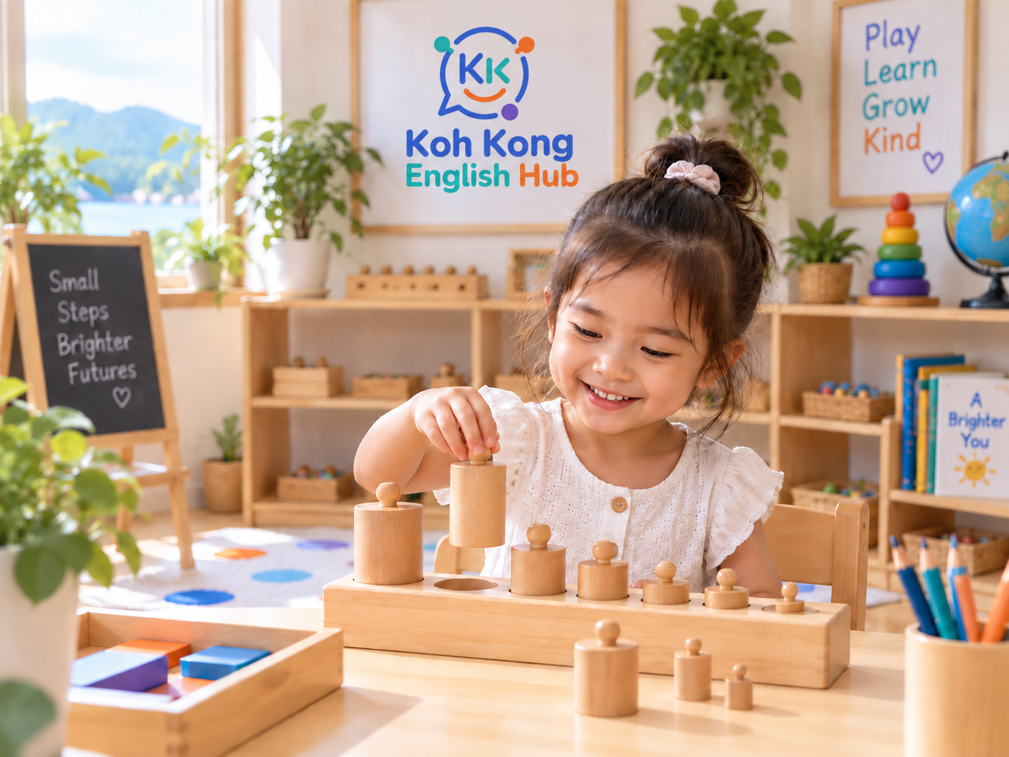 Child working with a Montessori-inspired cylinder block activity