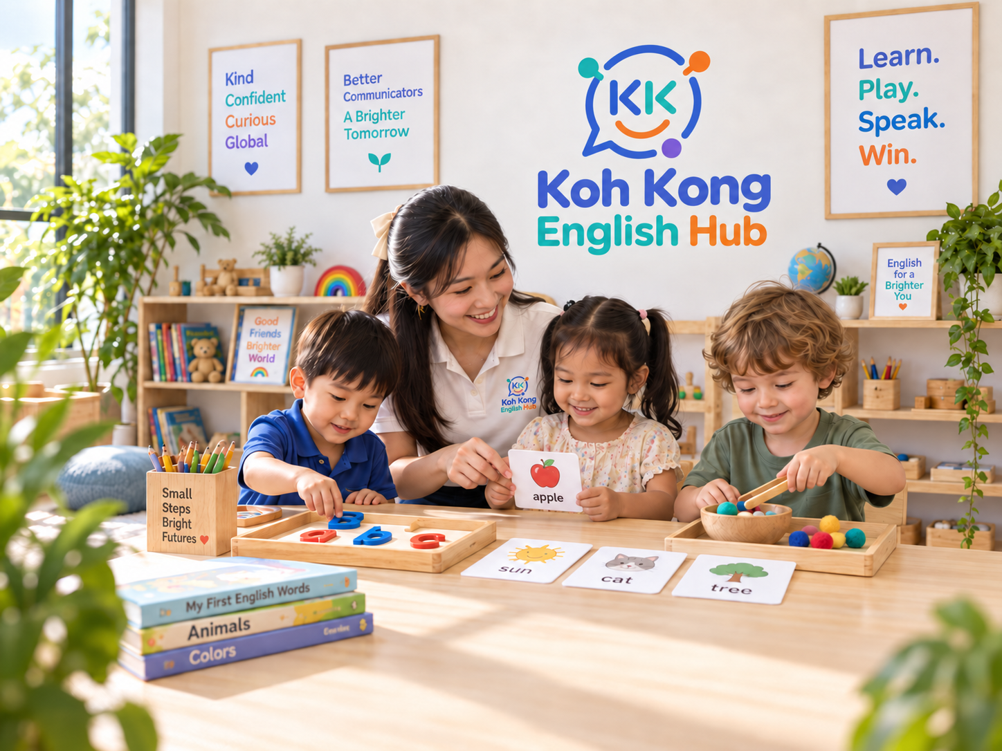 Small group of children learning English together with hands-on materials