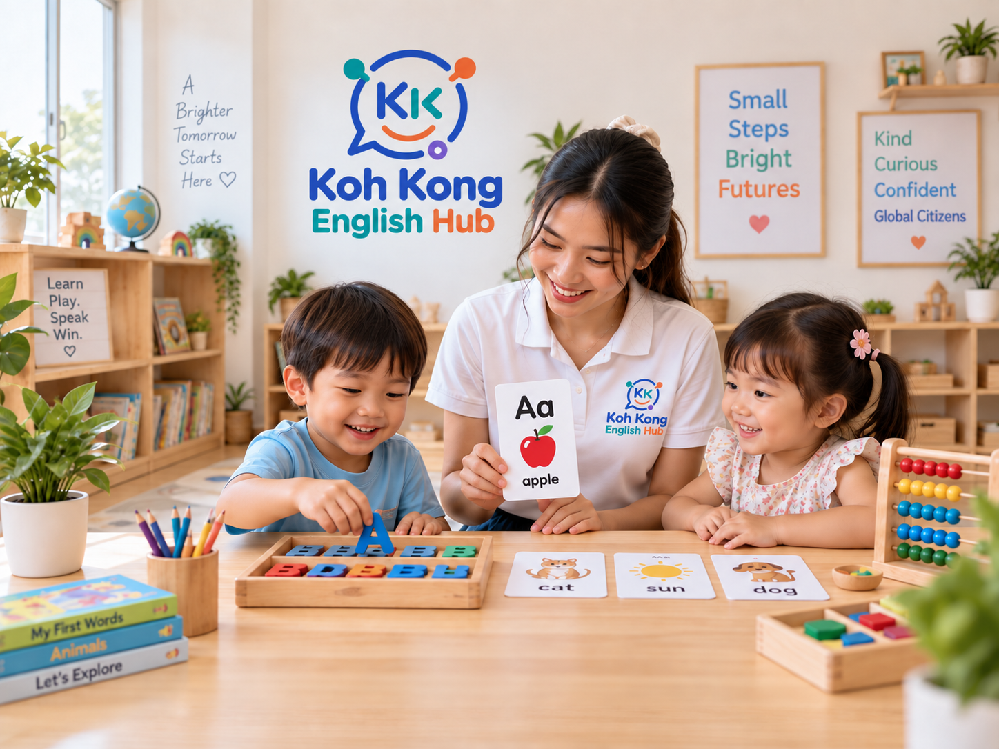 Facilitator guiding young children through a hands-on English learning activity
