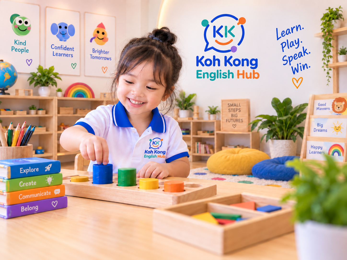 Warm and organized Montessori-inspired English learning environment