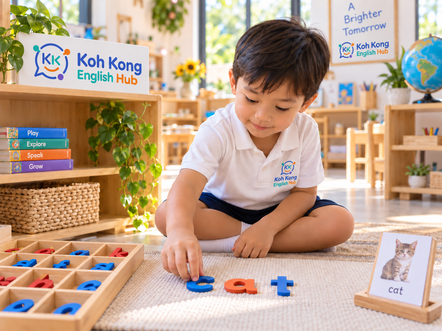 Children practicing phonics with hands-on letter matching materials