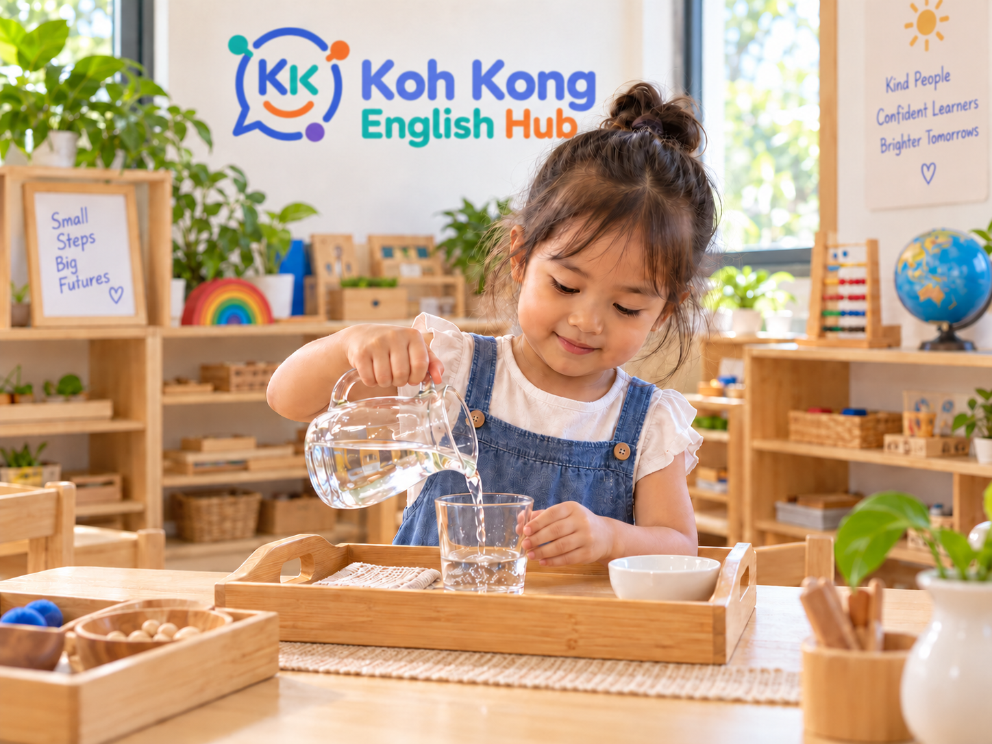 Child practicing a Montessori-inspired practical life pouring activity
